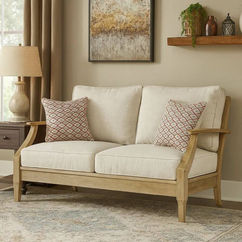 Traditional Wooden Loveseat with Fabric Cushioned Seating, Beige and Brown