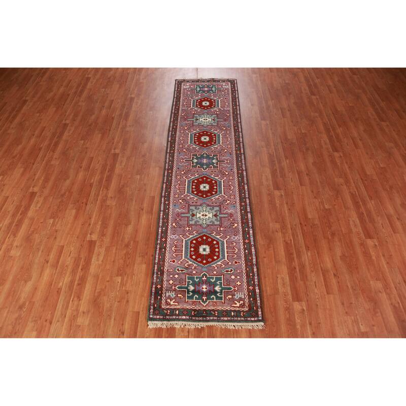 Hand Knotted Oriental 100% Wool Carpet Transitional Geometric Purples Khotan Runner Rug - 9' 10'' X 2' 7''