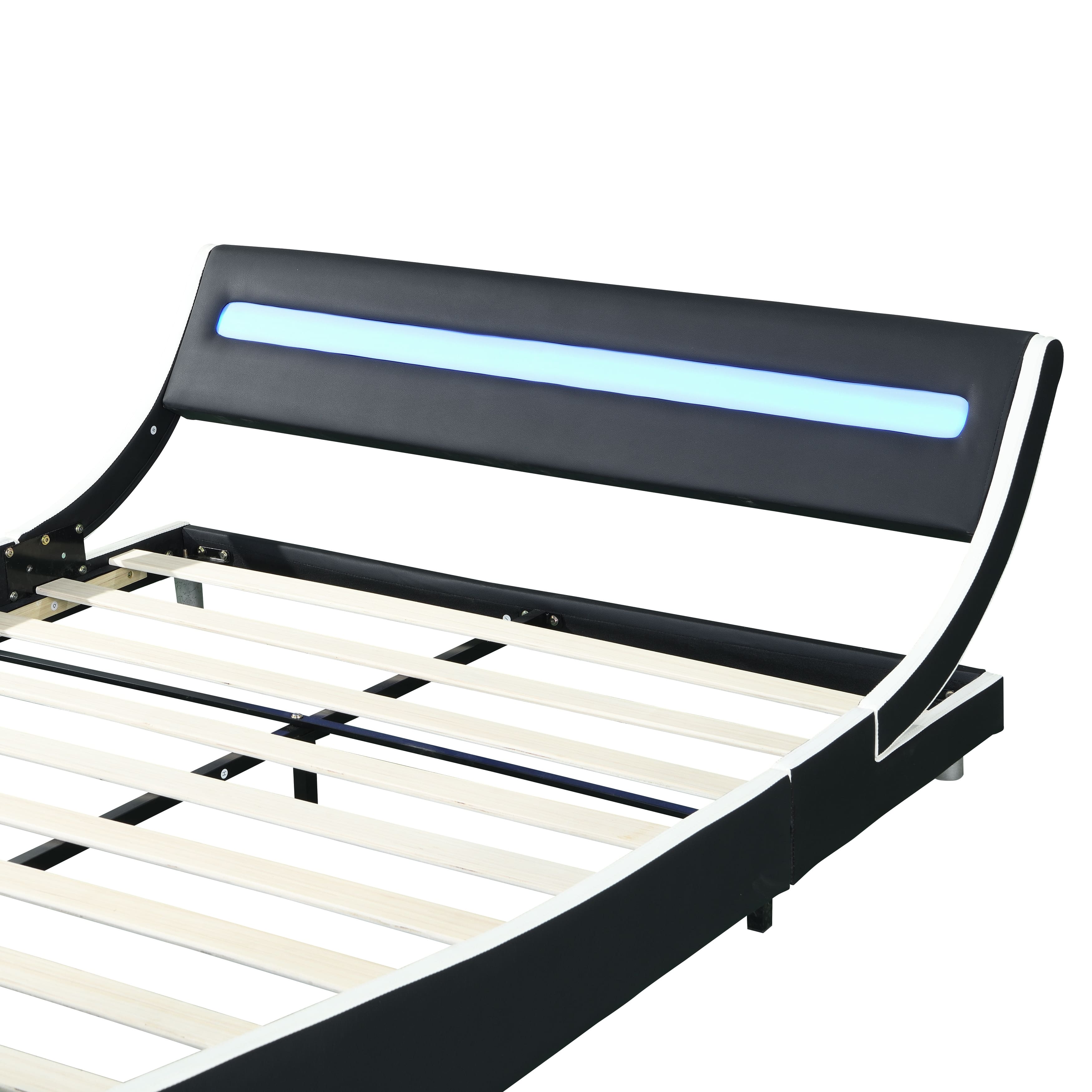 Black White Curve Design Faux Leather LED Upholstered Platform Bed ...