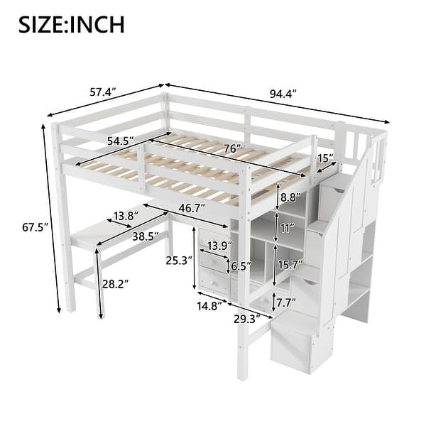 dimension image slide 1 of 2, Wood Storage Loft Bed with L-Shaped Desk and 4 Drawers, Full Size Kids Bed Frame with Cabinet & Storage Staircase for Bedroom