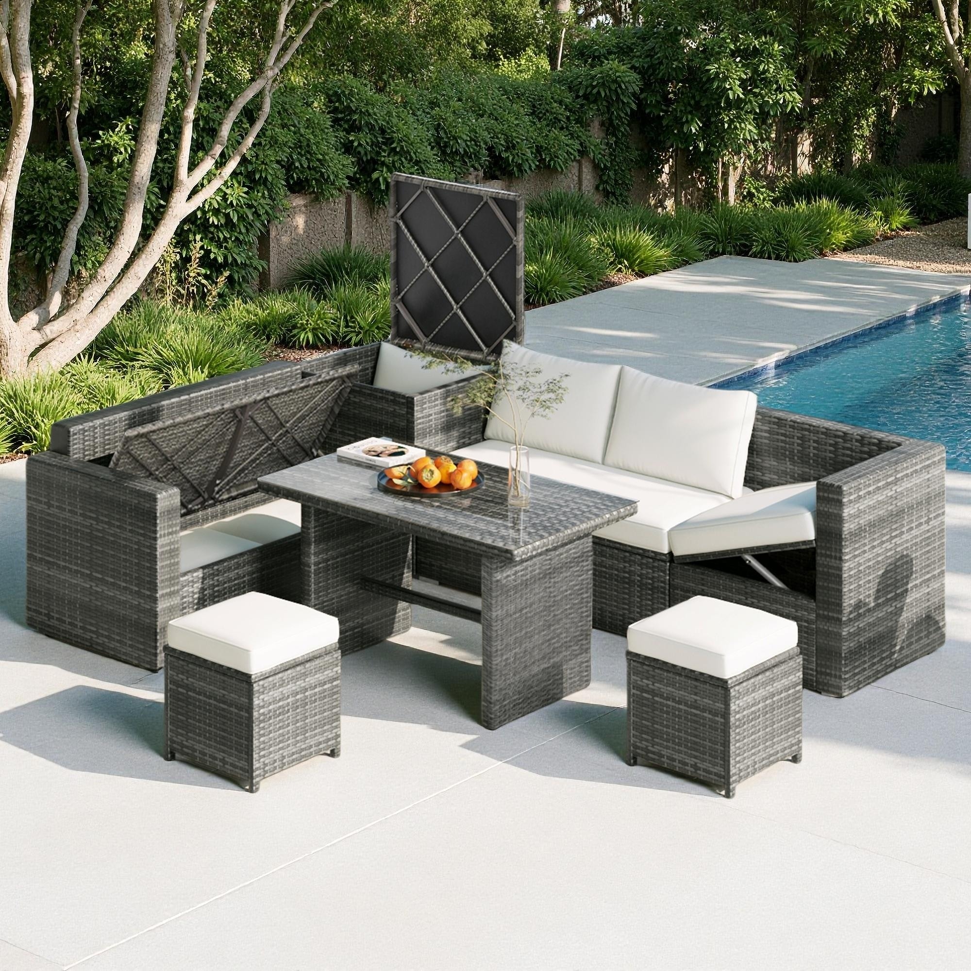 6-Piece Outdoor Rattan Modular Sectional Sofa Set with Adjustable Seat, Storage Box, and Dining Table