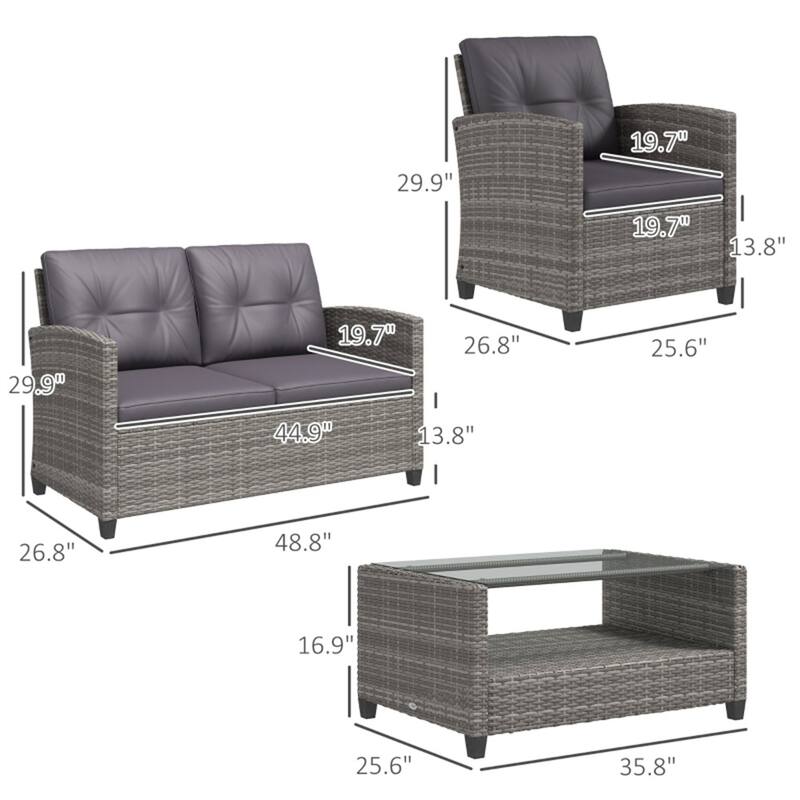 4-Piece Grey Wicker Patio Furniture Set with Charcoal Cushions and Two-Tier Coffee Table - 48.75" W x 26.75" D x 30" H
