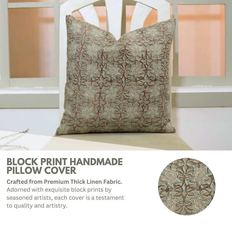 Fabdivine Block Print Thick Linen Floral Handmade Farmhouse Pillow Cover, Chudamani