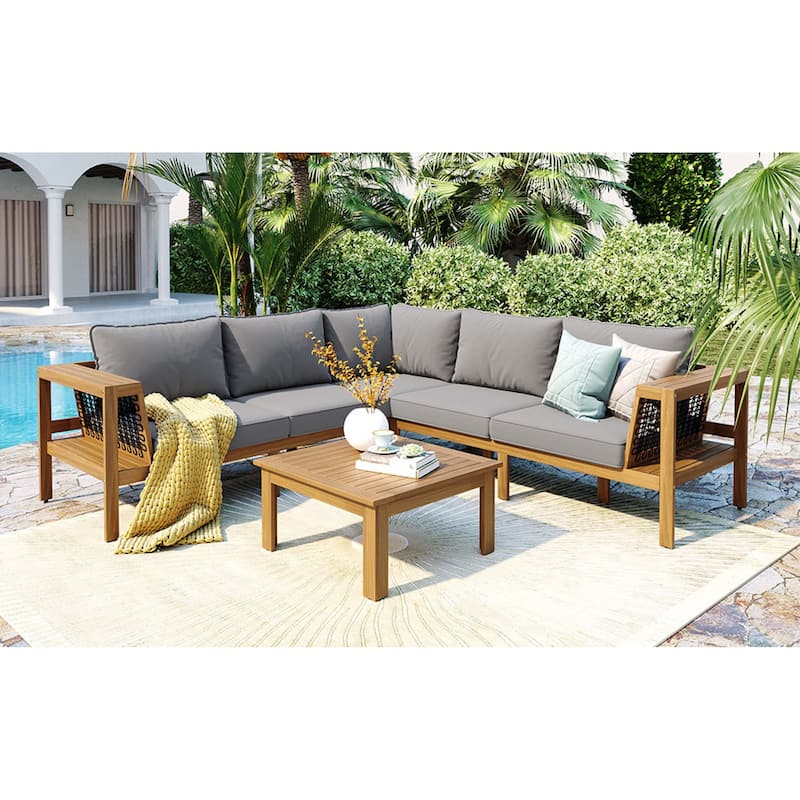 Roomfitters 4-Piece Outdoor Sectional Sofa Set with Coffee Table and Built-in Side Shelves, Wood Frame