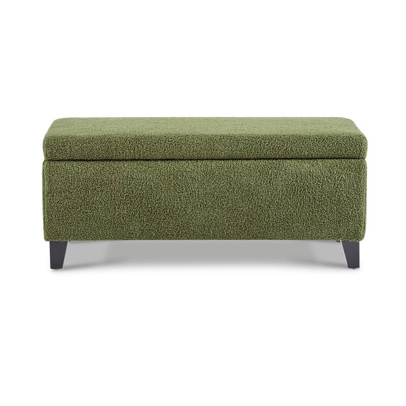 Storage Ottoman with Flip-Top Lid, Easy Assembly, Boucle Fabric & Birch Wood Legs, Green