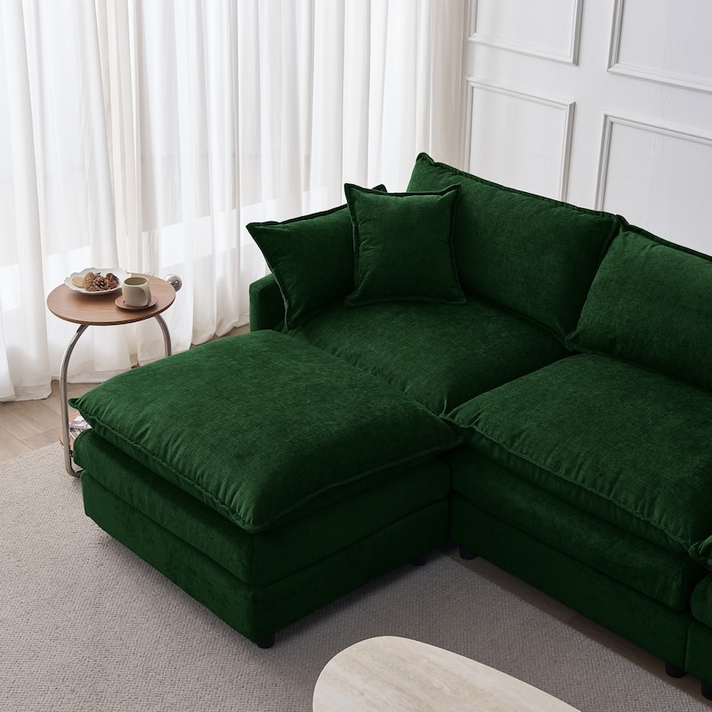 Chenille Upholstered L-shaped Sectional Sofa 3 Seater Modular Couch with Ottoman, Pillows and Double Layer Seat Cushions