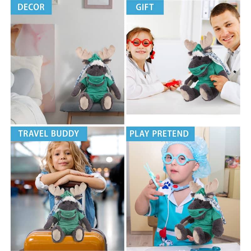 DolliBu Grey Moose Doctor Plush with Cute Scrub Uniform and Cap Outfit - 15 inches