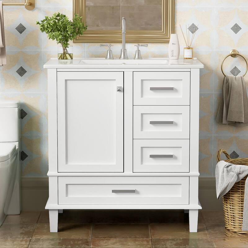 Anmytek 30 Inch White Modern Bathroom Vanity Sink Combo Solid Wood Frame Soft Close Door 3 Drawers Storage Cabinet