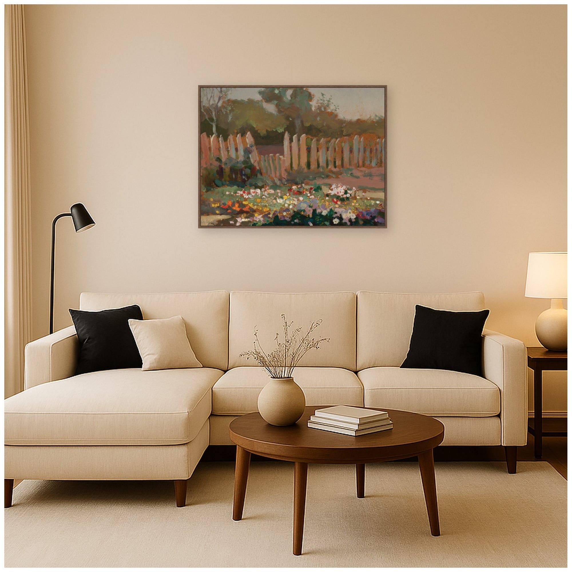 Kate and Laurel Village Garden by Jan Stanislawski by Nostalgia Prints Framed Canvas Wall Art Print