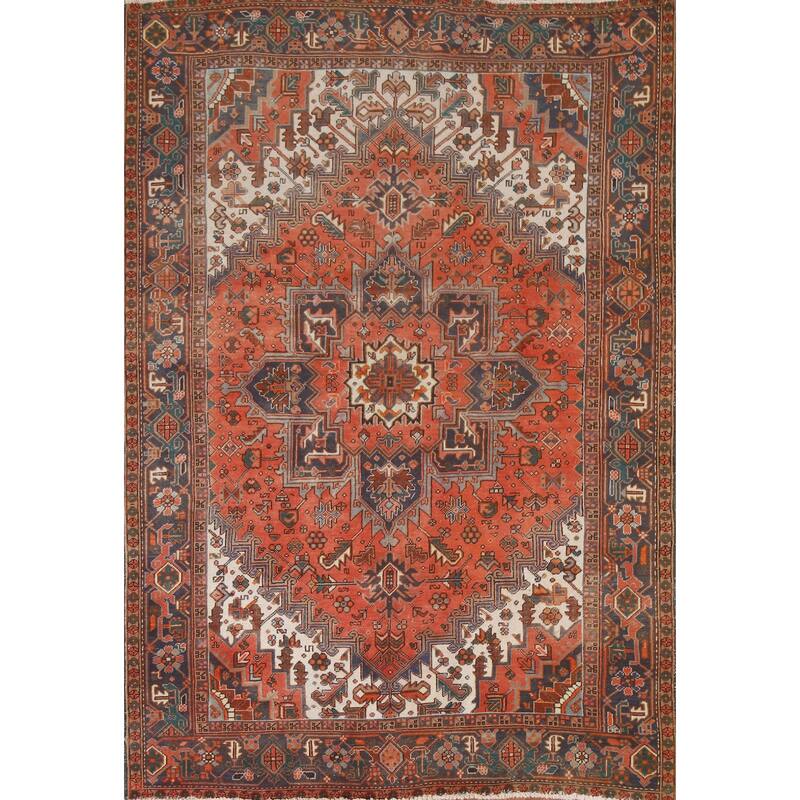 Hand Knotted Oriental 100% Wool Carpet Traditional Medallion Oranges & Rust Heriz Area Rug - 8' 9'' X 6' 7''