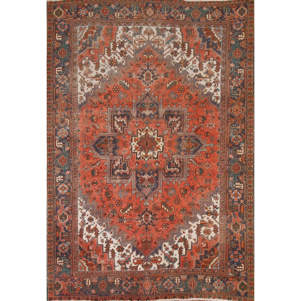 Hand Knotted Oriental 100% Wool Carpet Traditional Medallion Oranges & Rust Heriz Area Rug - 8' 9'' X 6' 7''