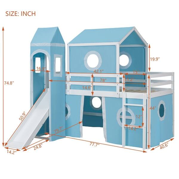 dimension image slide 1 of 4, Twin/Full Size Loft Bed with Slide,Solid Wood Playhouse Bed Frame with Tent and Tower Design