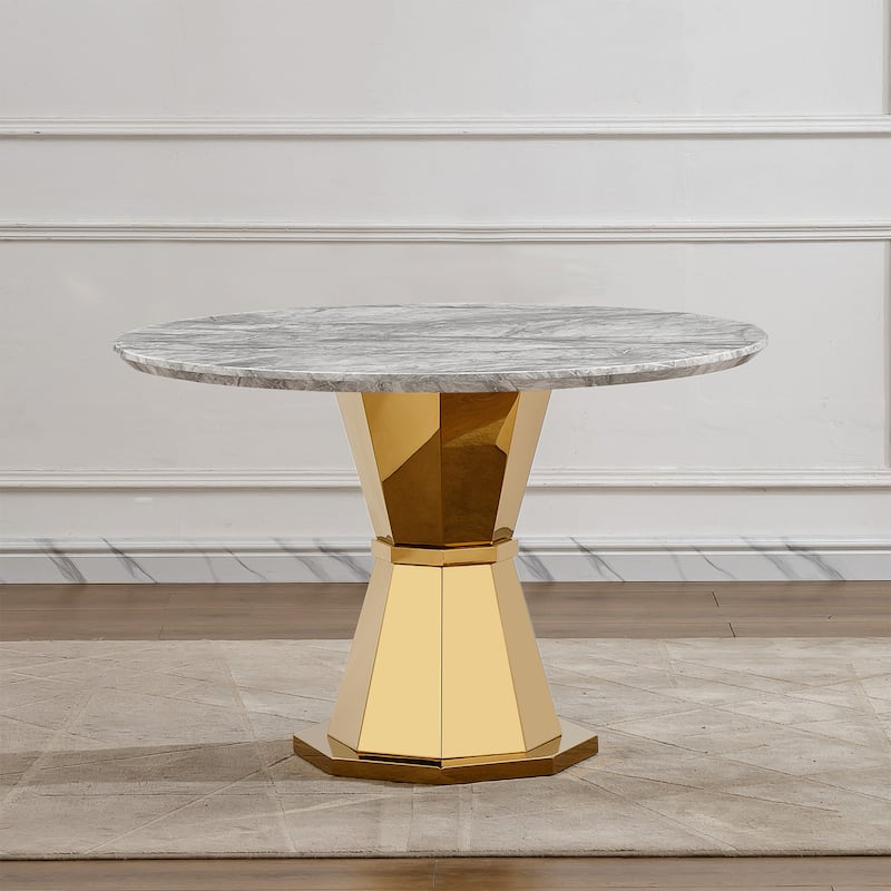 47" Round Dining Table with Faux Marble Tabletop and Stainless Steel Base - Grey+Gold