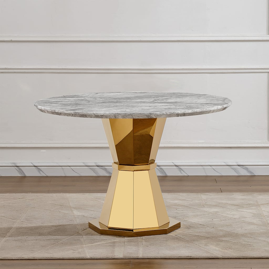 47" Round Dining Table with Faux Marble Tabletop and Stainless Steel Base - Grey+Gold