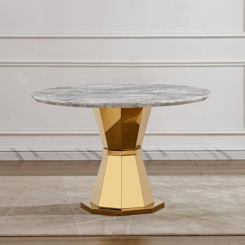 GDFStudio - Jane Series 47" Round Marble Dining Table and Stainless Steel Base for Dining Room, Kitchen - Grey+Gold