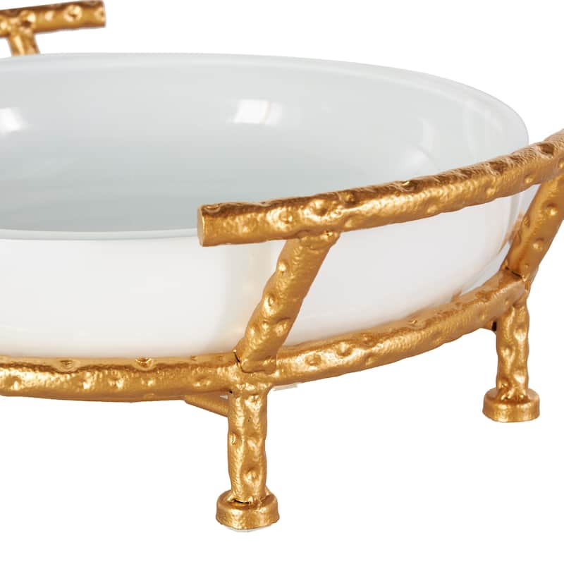 Tempered Glass Kitchen Serving Bowl with Gold Metal Stand - White - Roche River Decor - 12"W x 15"L x 5"H