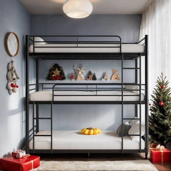 slide 2 of 11, Twin Over Twin Over Twin Metal Bunk Bed with 2 Attached Ladders, Black Black