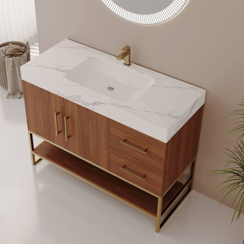 36" Modern Bathroom Vanity with Seamless Ceramic Sink & Gold Accent Free Standing Cabinet