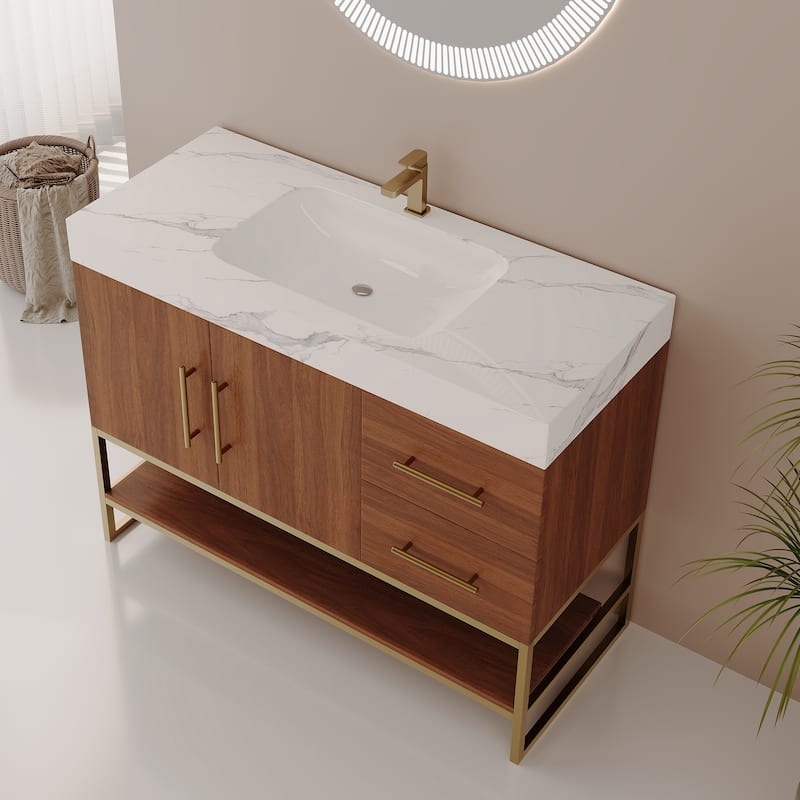 GDFStudio - Luxury 36" Freestanding Sintered Stone Bathroom Vanity with Seamless Ceramic Sink, Open Storage & Soft-Close Drawers