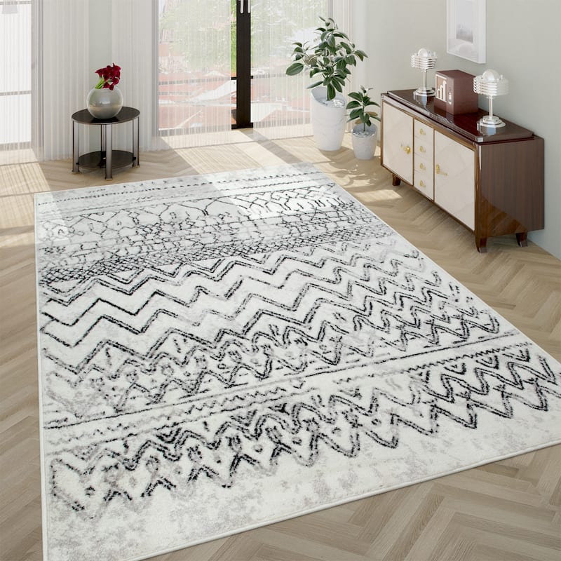 Vintage Rug For Living Room In Black White Cream - Modern Boho Design - 2'8" x 4'11"