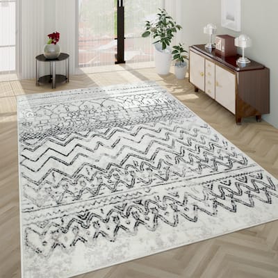 Vintage Rug For Living Room In Black White Cream - Modern Boho Design