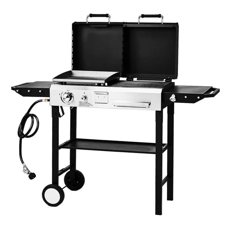 2-In-1 Propane Gas Grill And Charcoal Grill Combo 12000btu Flat Top Griddle & Charcoal BBQ Grill With Lid - N/A - Black