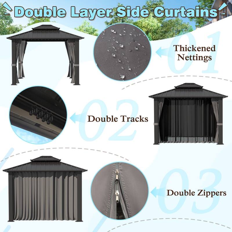 VEIKOUS Aluminum Double Hardtop Gazebo Pergola for Patio, Lawn, and Garden with Removable Curtains and Netting