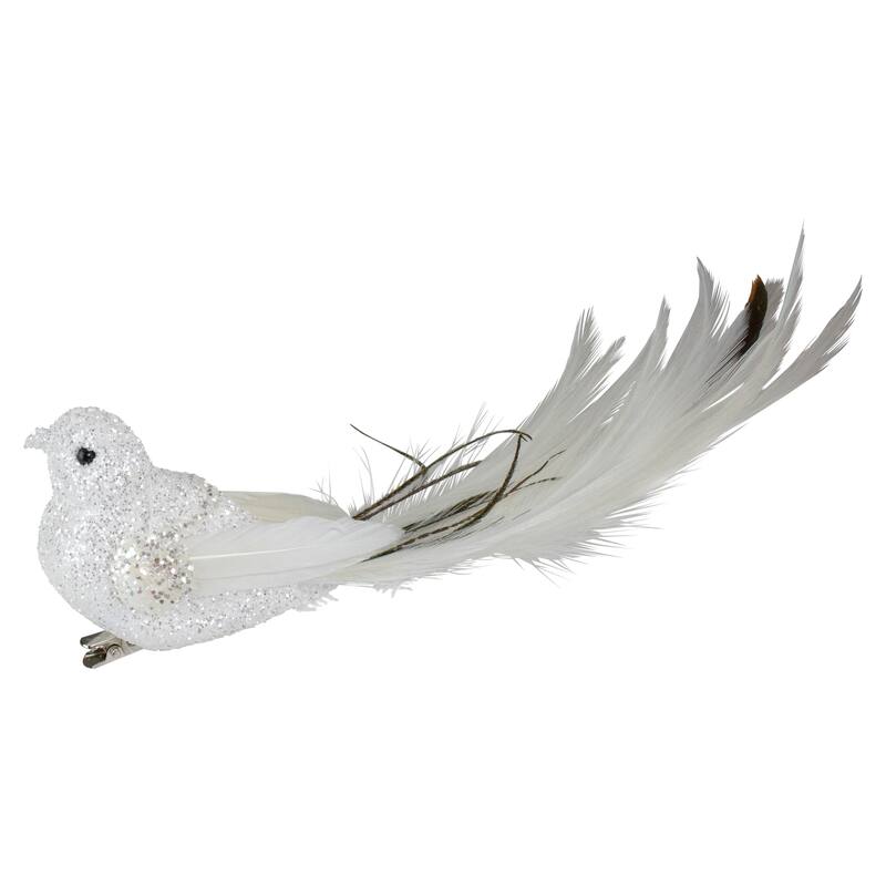 8" White and Black Glittered Bird with Feather Tail Christmas Ornament with Clip