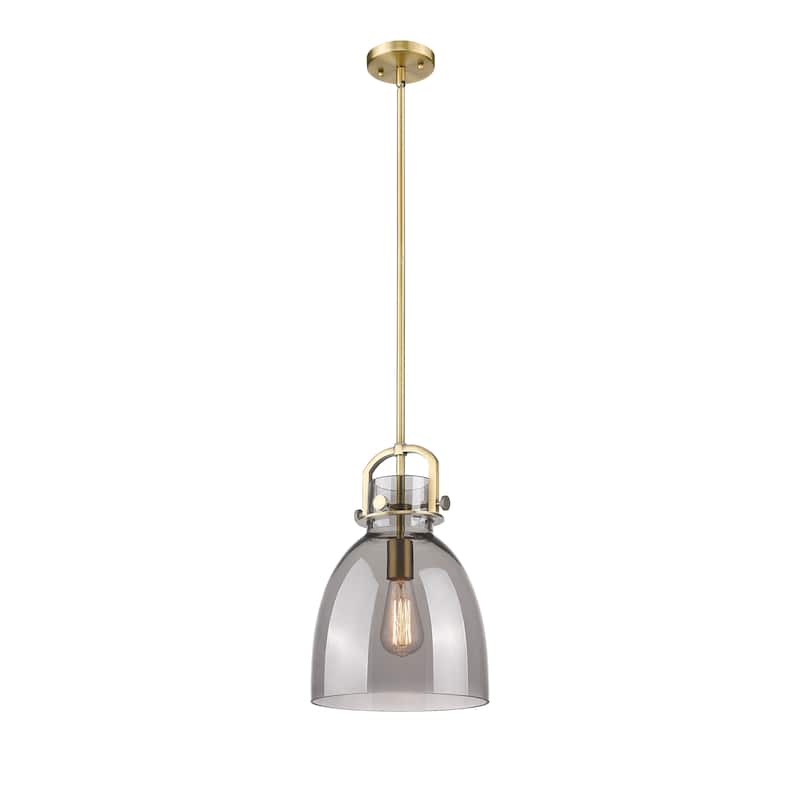 Innovations Lighting Newton Bell - 1 Light 10" Stem Hung Pendant - Brushed Brass/Light Smoke