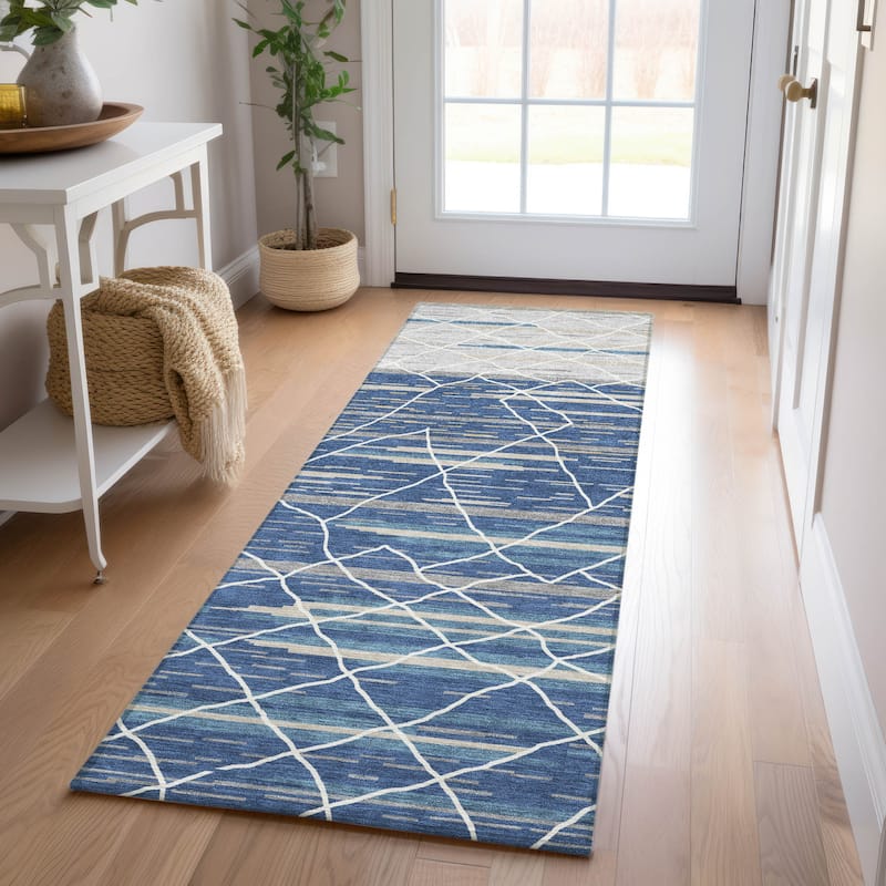 Machine Washable Indoor/ Outdoor Modern Global Chantille Rug - Navy - 2'3" x 7'6"