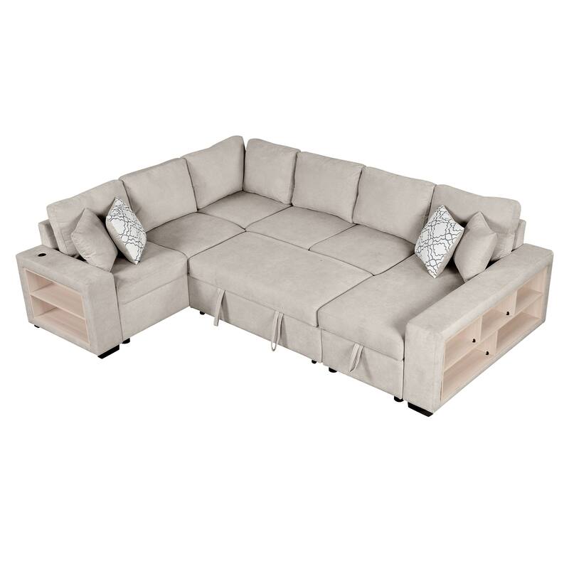 Beige 109" U-Shaped 6-Seater Sectional Sofa with Pull-Out Bed, Storage Chaise Lounge, 4 Back Pillows, and USB Charging Ports