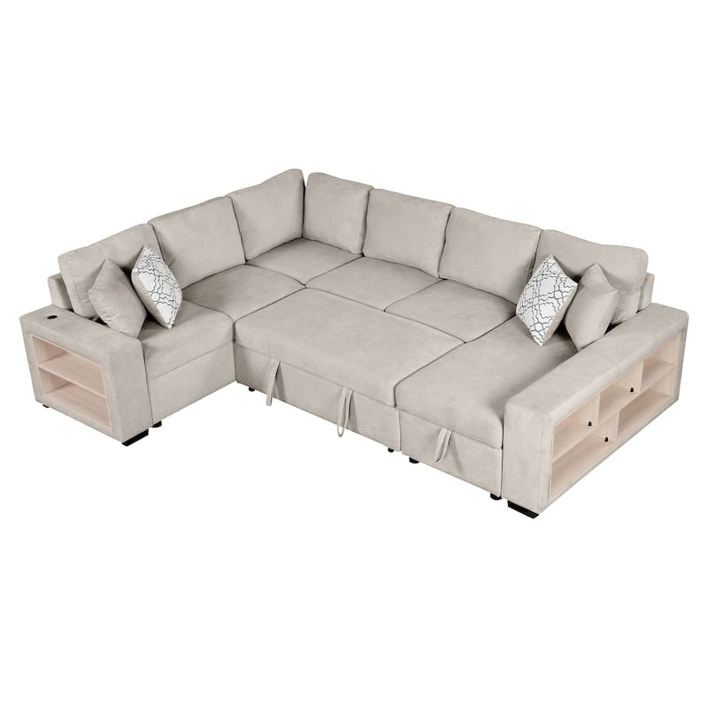 Convertible U-shaped Sofa Bed with Storage Chaise Lounge and USB Ports