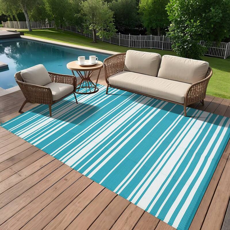 Outdoor Rug Waterproof Mat Outside Rugs for Patio Camping Balcony Modern Strip Plastic Straw Rug