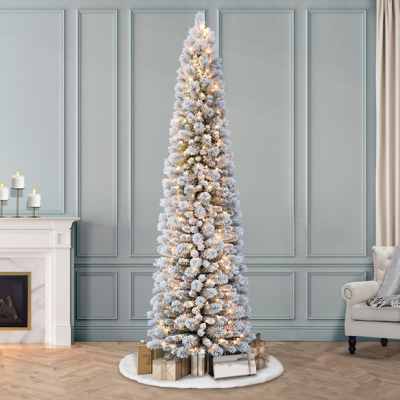 Puleo International 6.5' Pre-Lit Flocked Portland Pine Pencil Artificial Christmas Tree - 6.5 Foot - Green