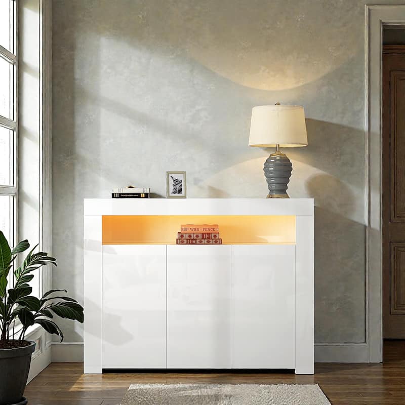 Modern White High Gloss Sideboard with LED Lights, 3 Door Storage Cabinet Buffet TV Stand for Living Room