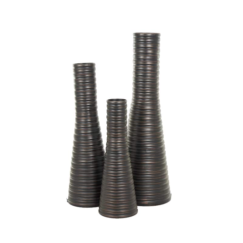 Metal Ribbed Tall Cone Floor Vase with Horizontal Grooves - Set of 3 Bronze - Roche River Decor - 18"W x 18"L x 56"H