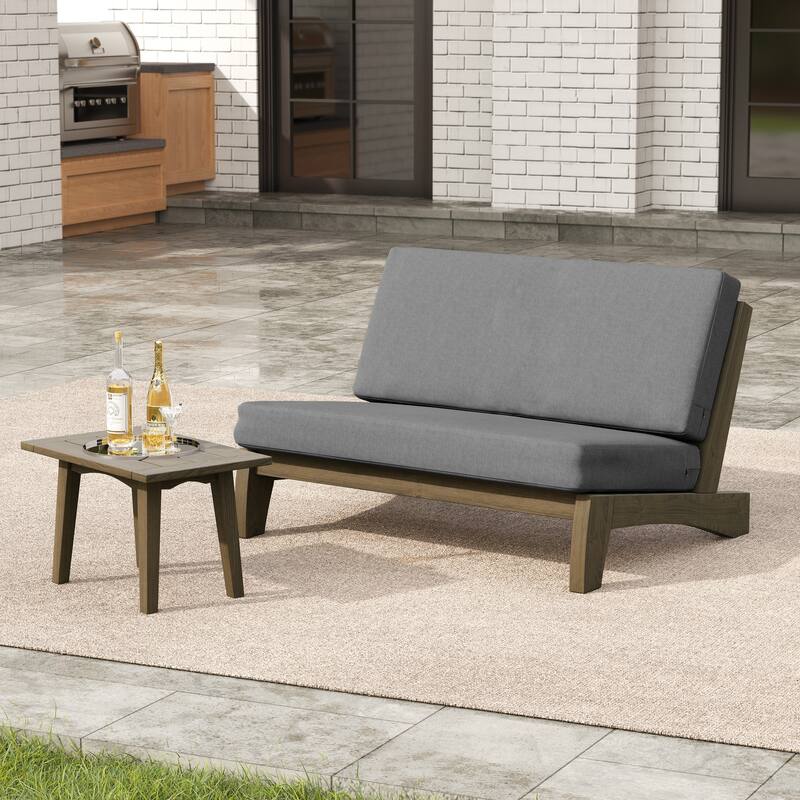 2-Piece Outdoor Teak Wood Loveseat Patio Set with Side Table - Grey-Whole Cushion - Natural Frame