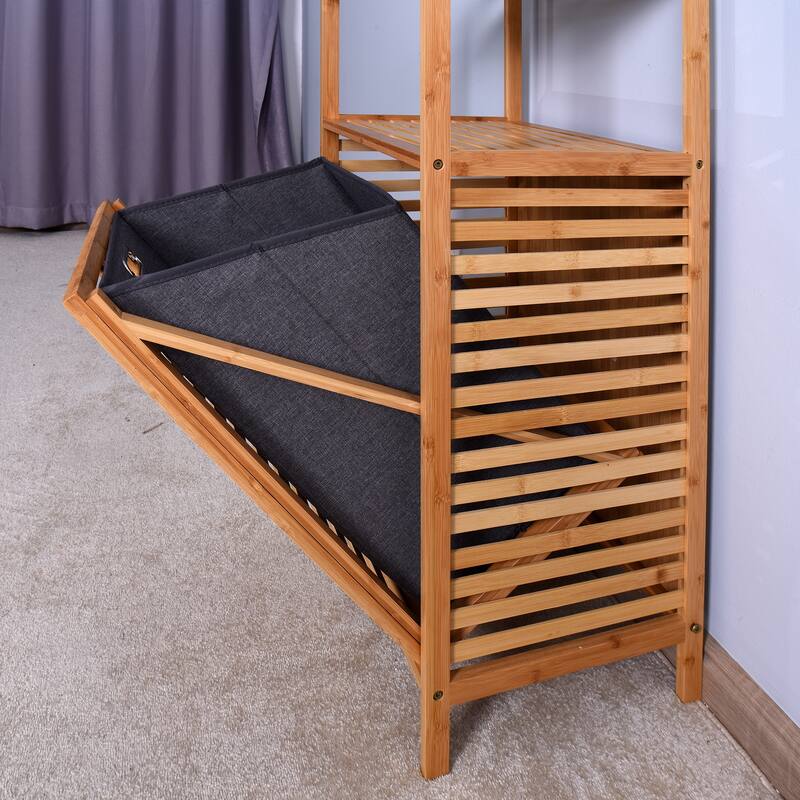 Bathroom Laundry Basket Bamboo Storage Basket with 2-tier Shelf
