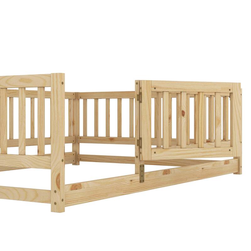 Full Size Montessori Floor Bed with Fence and Door, Kids Wood Bed Frame, Natural Pine Wood Floor Bed