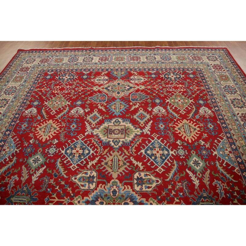 Traditional Red Geometric Kazak Oriental Area Rug Handmade Wool Carpet - 9'6"x 12'10"