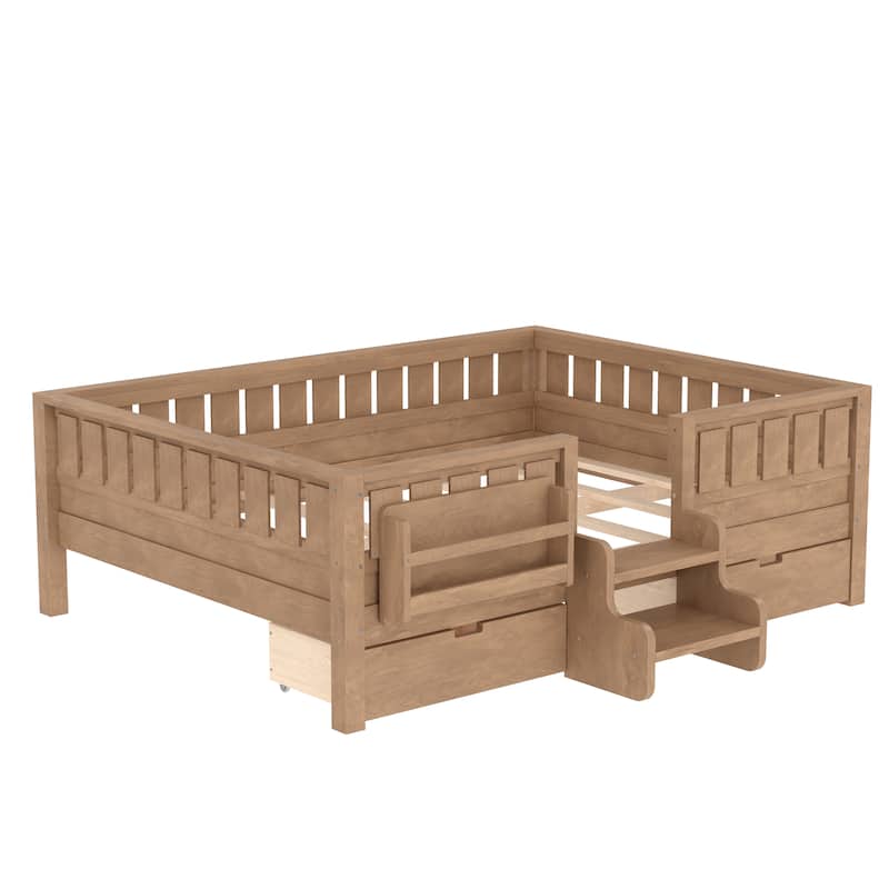 Multiple Colors Toddler Montessori Bed Children's Platform Bed with Low Profile Stairs, Built-in Bookshelf and Storage Drawers