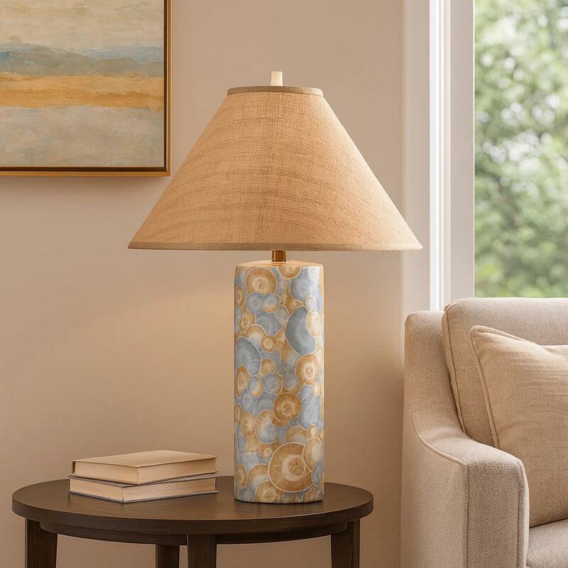 Eriy Accent Table Lamp, Brown Raffia Cone Shade, Blue Abstract 29 Inch