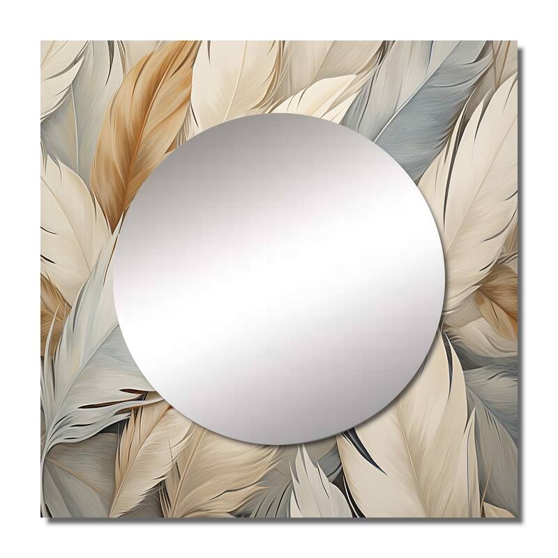 Designart "Feathery plumes" Feathers Wall Mirror - Animals Large Square Printed Mirror For Hallway