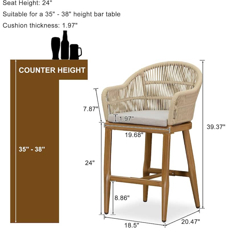 PURPLE LEAF Modern Rattan Bar Stools Set of 2 with Cushion and Back Counter Stools