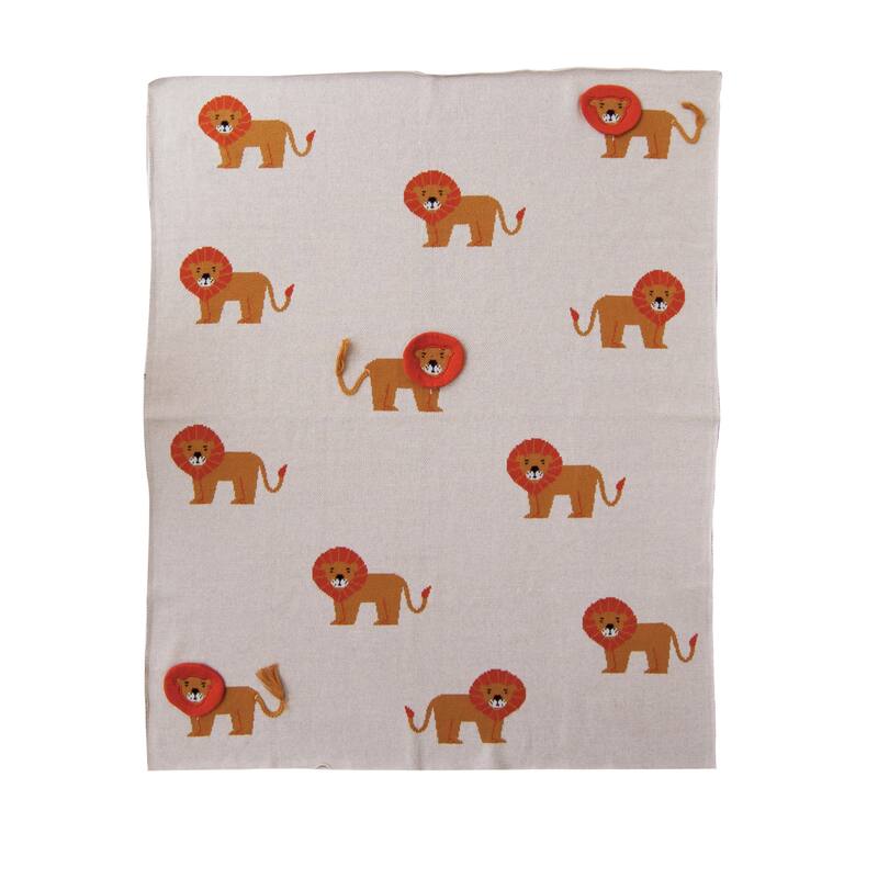 Cotton Knit Baby Blanket with Prints - Orange - Animals