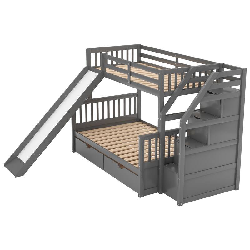 Multifunctional Twin over Full Bunk Bed with Drawers, Storage, and Slide in Gray