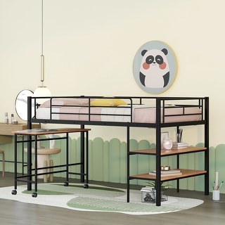 Black Twin Size Metal Loft Bed with Desk and Shelves for Kids