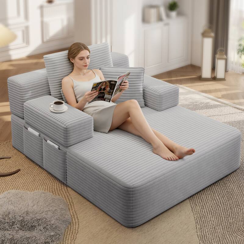 Luxurious Plush Corduroy Chaise Lounge Convertible Sofa Bed with Storage Pocket and Wide Armrests