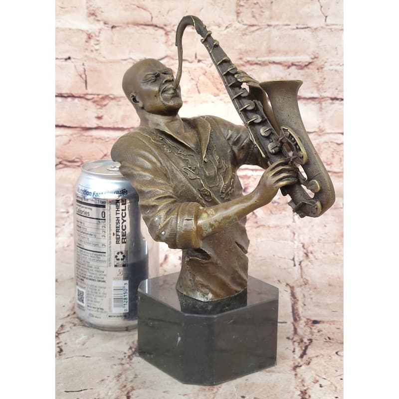Black African American Saxaphone Player Jazz Musician Bronze Marble Statue 10 Inches X 9 Inches