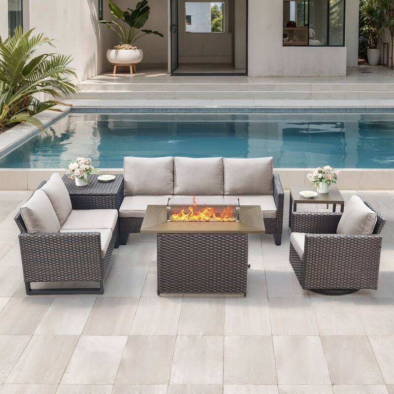 Gymojoy 6 Person All-Weather Wicker Outdoor Conversation Set Seating Group With Fire Pit Table - Brown Wicker / Beige Cusion - 6-Piece